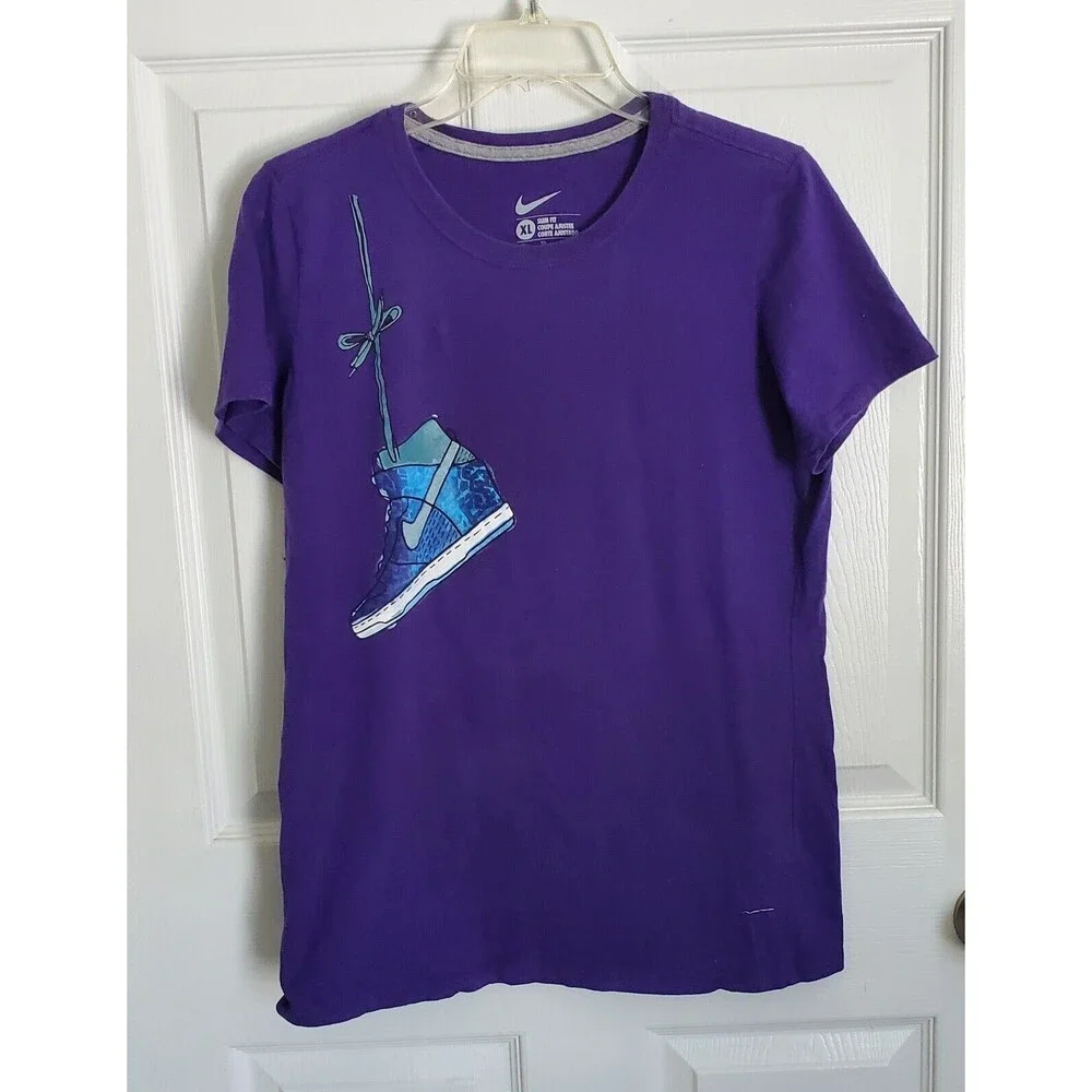 Nike Slim Fit T-shirt Women XL Purple With High Top Sneaker Over Shoulder